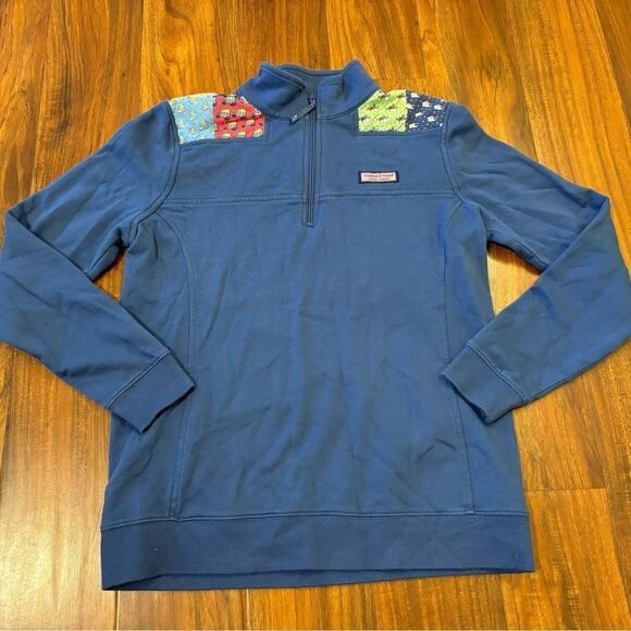 Vineyard Vines Classic Patchwork Christmas Holiday Navy Quarterzip Sweatshirt - Picture 1 of 7